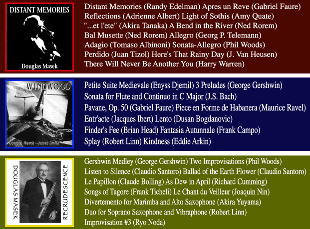 Gershwin Medley (George Gershwin) Two Improvisations (Phil Woods)Listen to Silence (Claudio Santoro) Ballad of the Earth Flower (Claudio Santoro)Le Papillon (Claude Bolling) As Dew in April (Richard Cumming)Songs of Tagore (Frank Ticheli) Le Chant du Veilleur (Joaquin Nin)Divertemento for Marimba and Alto Saxophone (Akira Yuyama)Duo for Soprano Saxophone and Vibraphone (Robert Linn)Improvisation #3 (Ryo Noda)